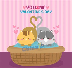 卡通情人节情侣猫咪矢量图